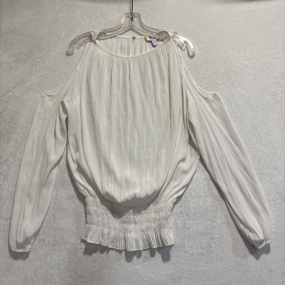 Ramy Brook New York Cold Shoulder Smocked Hem Blouse Top Ivory Cream Size Small
